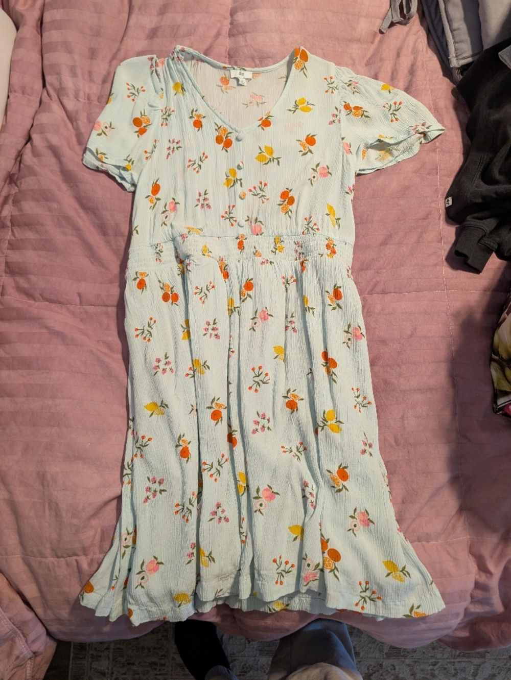 Light Blue Floral Midi Dress with Orange and Pink Blooms